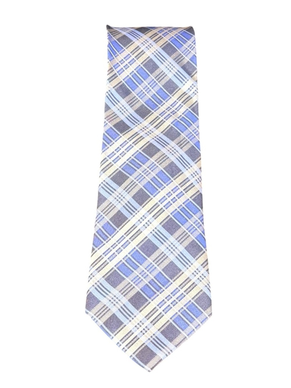 Calvin Klein Silk Tie Blue Gray Plaid Slim Cut Necktie 3.25” Width 59” Length